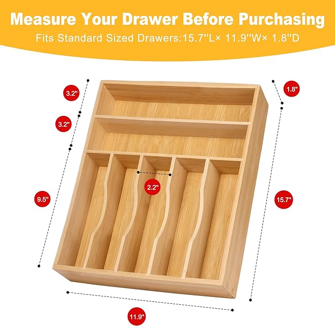 Kitchen Bamboo Silverware Organizer, Kitchen Drawer Organizer - Utensil Holder and Cutlery Tray with Grooved Drawer Dividers for Flatware 7 Slot, Natural