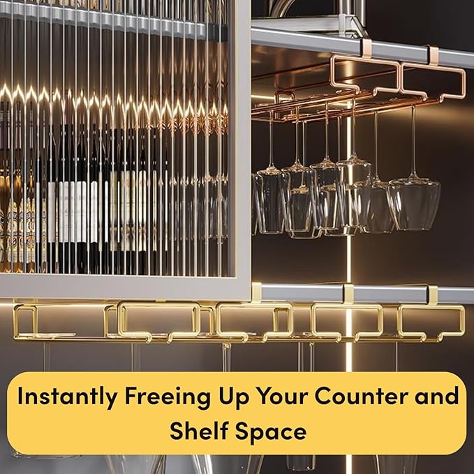 LINFIDITE 2 Pack Under Cabinet Wine Glass Rack Rose Gold Wine Glass Holder Stemware Rack Hanger Kitchen Hanging Storage Rack Organizer (For Partition Thickness under 0.98")