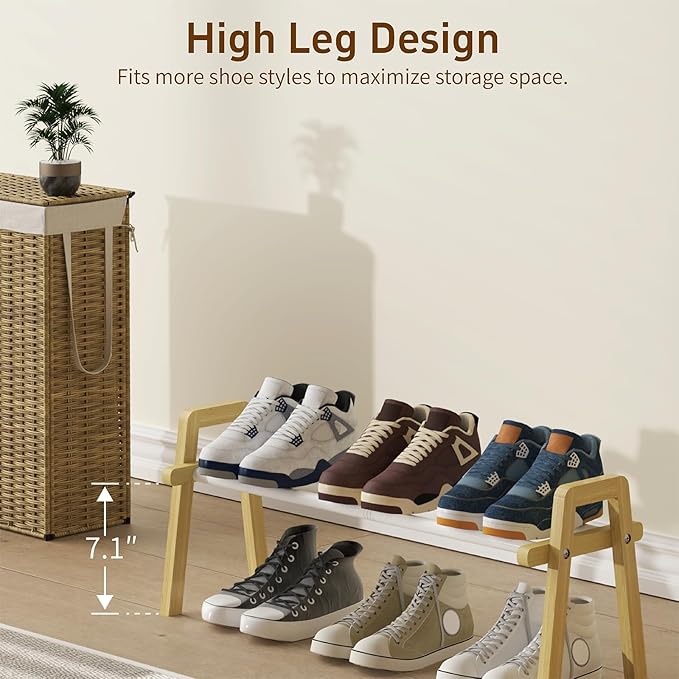 1-Tier Bamboo Shoe Rack Stackable, Shoe Organizer for Entryway and Closet, Modular Small Shoe Storage Shelf, Space-Saving Free Standing, Holds 4-6 Pairs of Shoes, Natural