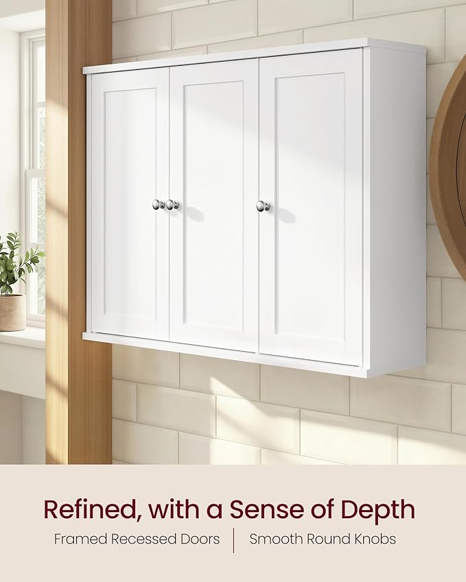 VASAGLE Siren Collection - Bathroom Wall Cabinet, Hanging Bathroom Storage Cabinet, for Medicines, Farmhouse, 4 Adjustable Shelves, 7.9 x 31.5 x 23.6 Inches, Cloud White UBBK350WB01S