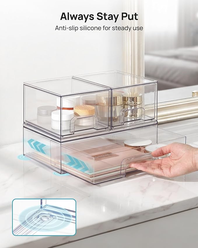 Stackable Storage Drawers Set of 3, Clear Plastic Organizer Bins for Makeup