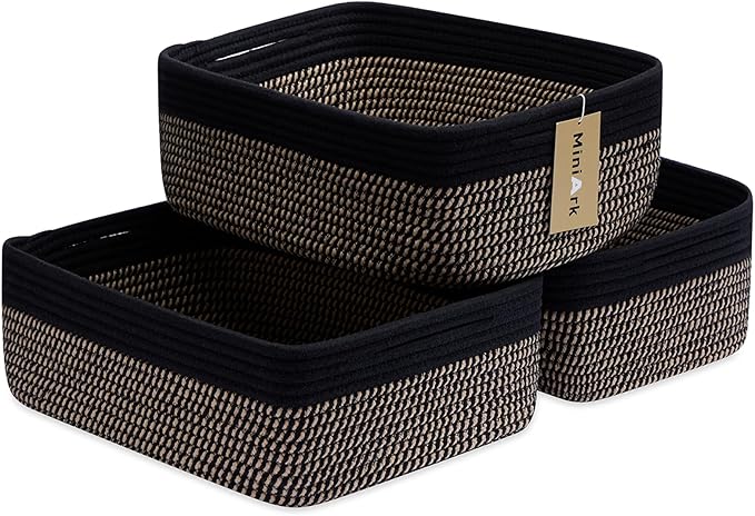 Large Shallow Organizing Baskets 15x11x5.1 Inches, Black Woven Brown 3 Packs