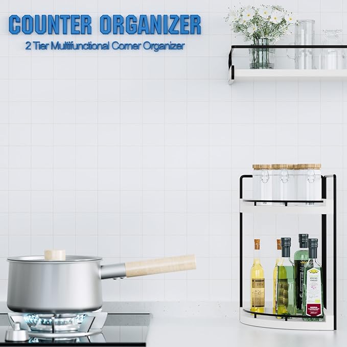 Corner Bathroom Counter Organizer, 2 Tier Wood Vanity Storage, White-2 Tier