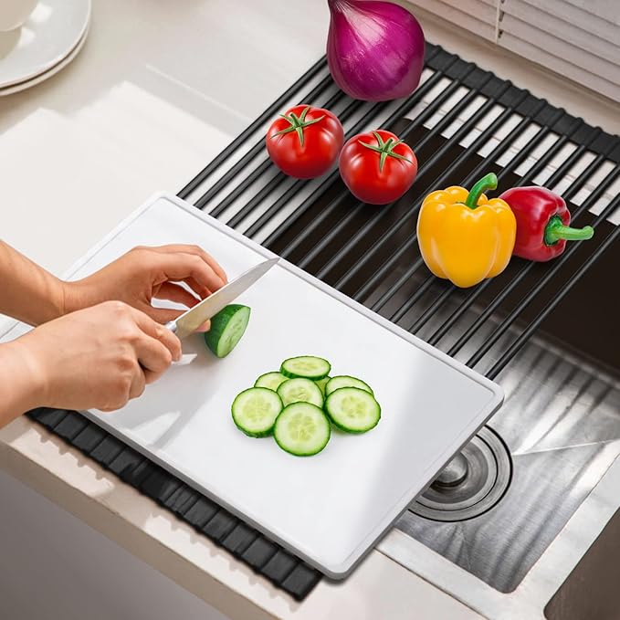 HANZENMA Roll Up Dish Drying Rack Over The Sink Kitchen Roll Up Sink Drying Rack Multipurpose Foldable Sink Drying Mat, Heat-Resistant, Anti-Slip & Anti-Rust Dish Rack for Kitchen, 20.5" x 13", Black