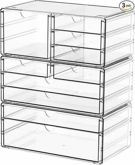 3Pack Clear Drawer Organizers Stackable, Acrylic Storage Drawers With 10 Drawers
