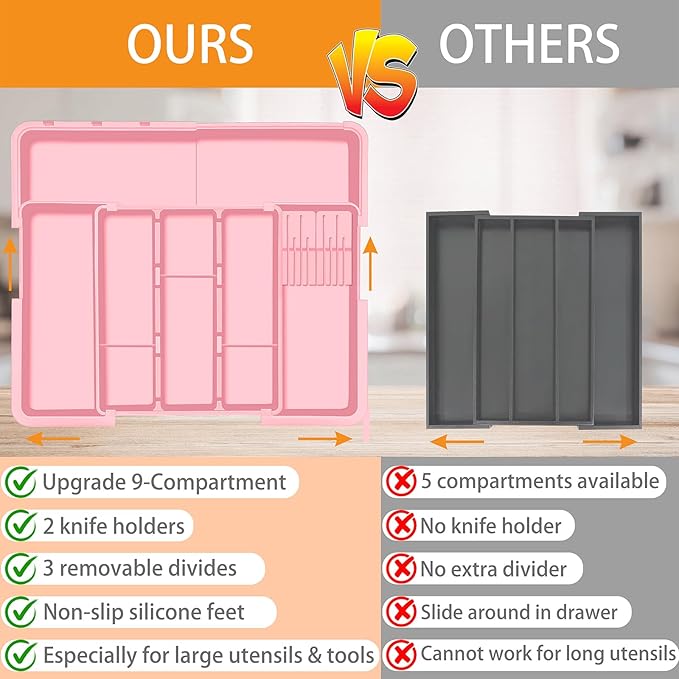 Utensil Drawer Organizer for Kitchen, Pink