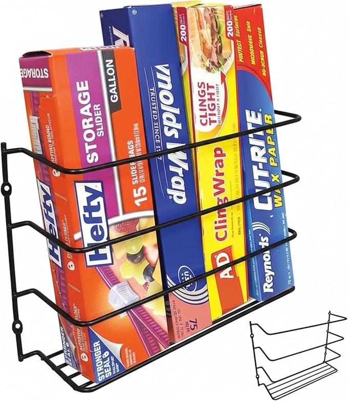 Kitchen Wrap Organizer, 2 Pack, Hold up to 4 Plastic, Foil, Paper, Wax, Black