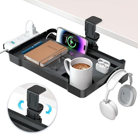 Under Desk Organizer, 360° Rotating Clamp-On Tray with Headphone Hook