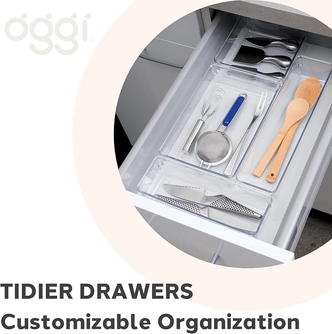 Oggi Set of 5 Clear Drawer Organizers - (1) 3x6.25, (2) 3x9.5, (2) 3x12.5 - Ideal for Organizing Kitchen Drawers, Office, Desk, Silverware, Kitchen Utensils, Cosmetics and Bathrooms
