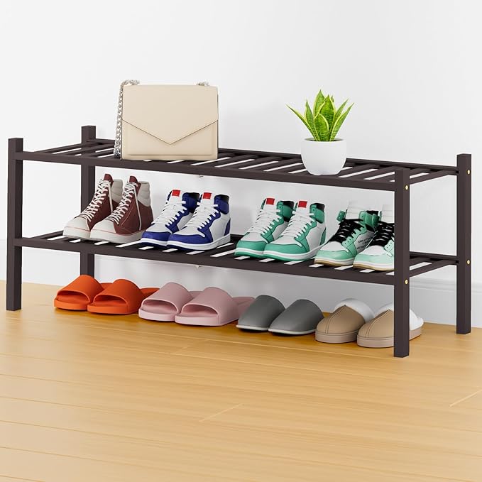 Smiry Long Bamboo Shoe Rack, 2 Tier Free Standing Wooden Shoe Organizer, Stackable Wood Shoe Storage Shelf for Closet, Entryway, 14 Vertical Slats, One-piece Heavy-Duty Legs, 33.7"x11"x13", Brown