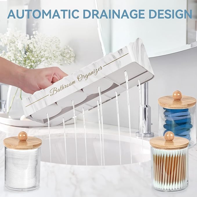Tucao Toothbrush Holders, Toothbrush Holders for Bathroom with 6 Large Capacity Storage Slots & 3 Qtip Holders - Sturdy for Bathroom Counter Organizers and Storage Countertop - Marble White