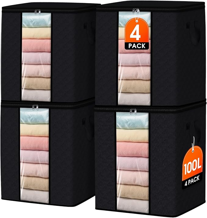 4 Pack 100L Clothes Storage, Foldable Thick Fabric Blanket Storage Bags, Black