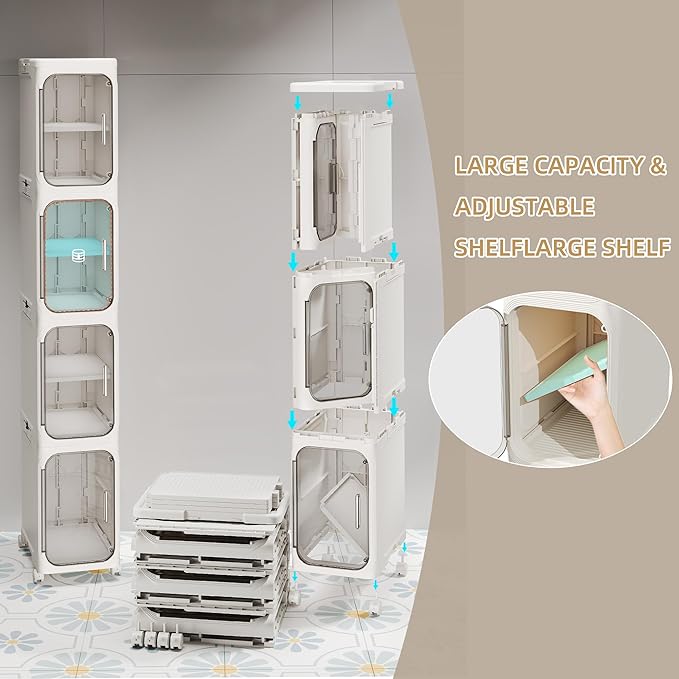 5-Tier Tall Narrow Storage Cabinet, Slim Bathroom Storage Cabinet with Adjustable Shelves and Wheels, Narrow Organizer for Small Space, Bathroom, Kitchen, Laundry, White