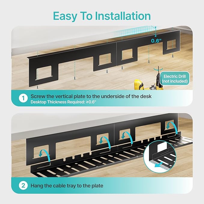 PEGZONE Under Desk Cable Management Tray, 31.5 Inches Metal Cord Organizer Rack, Desk Tray for Power Strip, Cord, Wire, Easy Mounting Cable Management Under Table for Home Office, Black