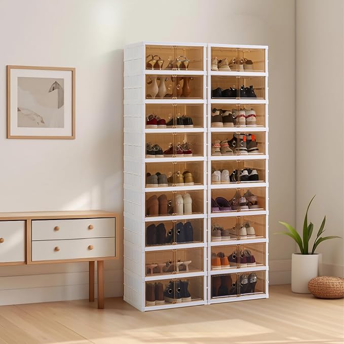 SAYMA Collapsible Shoe Rack Organizer Foldable Shoe Storage Organizer with Doors, Large Plastic Folding Shoe Rack, Easy Assembly Shoe Cabinet Storage for Entryway (2 x 9 Tiers-18 Pairs)