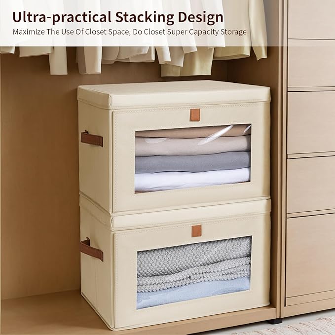 Homsorout Collapsible Storage Bins - Large Closet Organizer with Handles & Window, Decorative Storage Boxes, Fabric Containers for Living Room, Dorm, 4 Pack, Beige