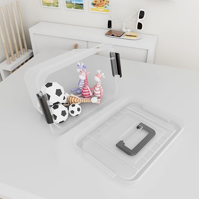 Cetomo Lidded Storage Bin, Tote Organizing Container with Handle and Buckles, Stackable, Plastic, Clear, 6.8Qt, Pack of 20