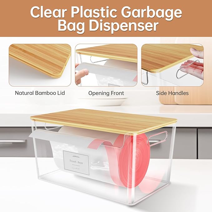 COAZEX 2 Pack Trash Bag Holder Under Sink Stackable, Plastic Garbage Dispenser with Lid, Trash Bag Storage Dispenser Roll Holder for Kitchen, Pantry, Laundry Room Organization