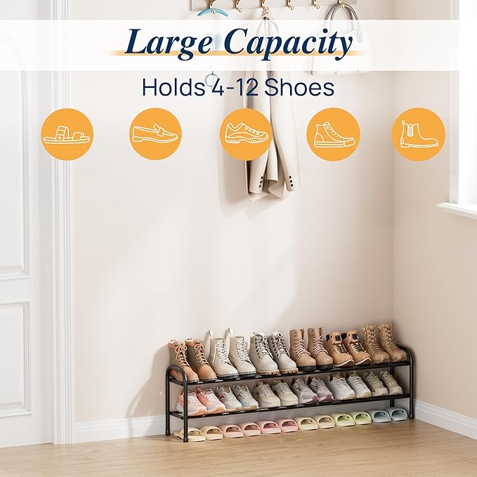 ENJOYBASICS 2 Tier Expandable Shoe Rack for Closet, Free Standing Metal Shoe Shelf Storage Organizer Holder 12 Pairs, Adjustable Width Shoe Rack for Entryway Small Space, Black