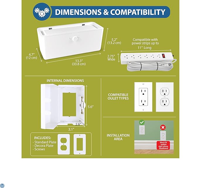 Power Strip Cover and Outlet Cover Box - Effectively Baby Proofs Power Strip on Floor or Wall, Protects Small Hands & Fingers, Cover Box and Outlet Cover Box (White-Bundle)