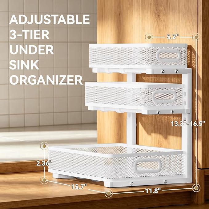 1 Pack 3 Tier Under Sink Organizer, Height Adjustable Heavy Duty Metal Under Cabinet Drawer Pull Out Shelf with Smooth Silent Sliding Design, Organizer and Storag Rack for Kitchen, Bathroom, White