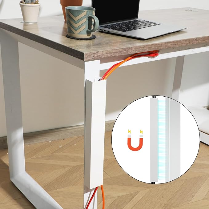 Blulu 1 Pack Steel Magnetic 14 Inch Cable Management Channel for Under Desk Leg Vertical Wire Hider Cover Cable Desk Organizer No Drill Cord Organizer Cord Hider Management for Home Office (White)