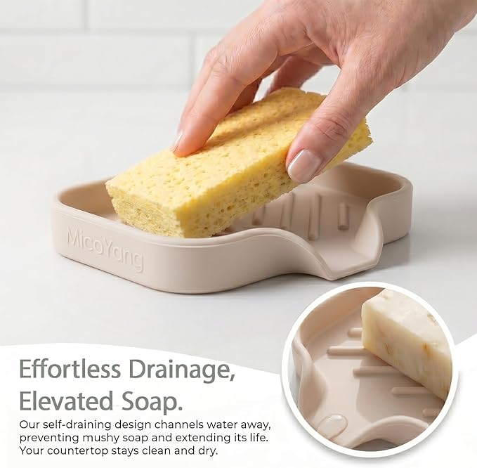 MicoYang Silicone Soap Dish with Drain Spout — Self-Draining Sink Organizer Tray for Bathroom & Kitchen, Holds Bar Soap, Sponges & Dispensers, Non-Slip & Dishwasher Safe, Tapioca (Small, 4.9"×3.2")