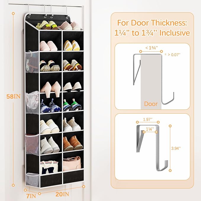 Yecaye 16-24 Pairs Over the Door Shoe Organizer, Large Capacity Hanging Shoe Rack for Door Hanger with Deep Pockets, 8 Tier Shoe Holder for Sneakers Boots Heels College Dorm Essentials, Black