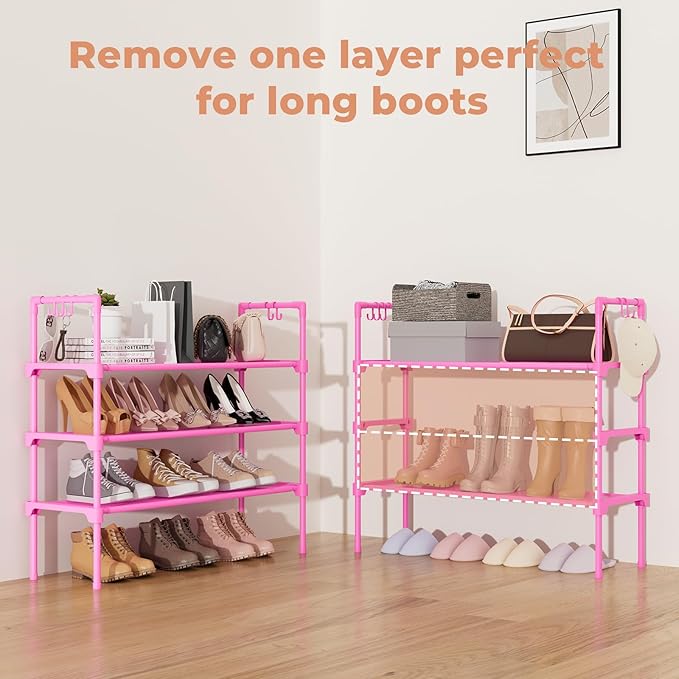 3 Tier Shoe Rack for Closet, Shoe Organizer with 5 Hooks, Pink