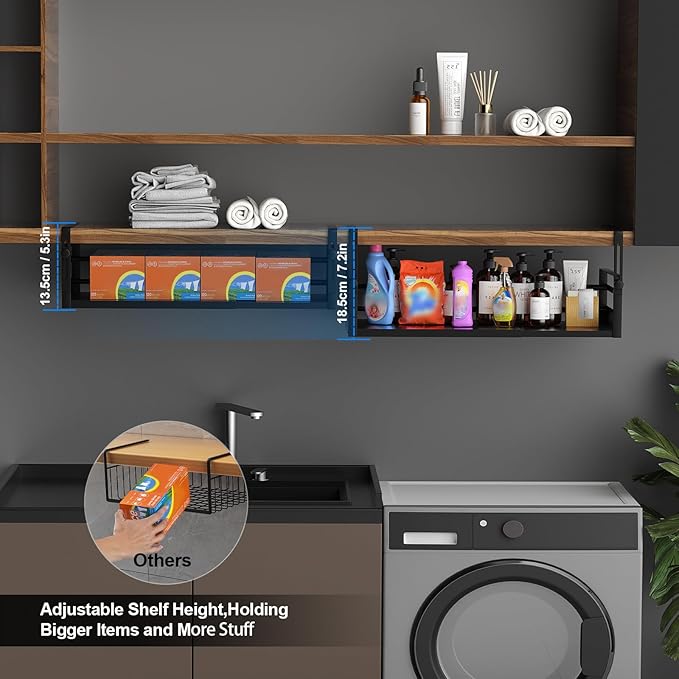 AmonHouseware 2Pack Under Shelf Basket Organizer, Adjustable Under Cabinet Shelf Storage, Hanging Holder Length Stretchable 13-21Inch for Kitchen Pantry Desk Counter Bookshelf Cupboard (Black)