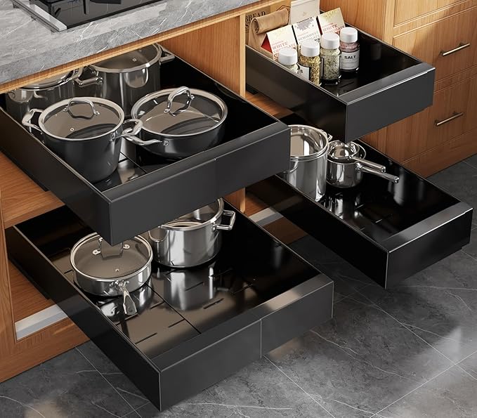 Seinloes 4 Pack Expandable Pull Out Cabinet Organizer 21" Deep With Raising Pad for Framed Cabinets,Upgrade 3 Slide Rails Slide Out Drawers,No Drill Roll Out Shelves,Adjustable Width 9"-14" Black