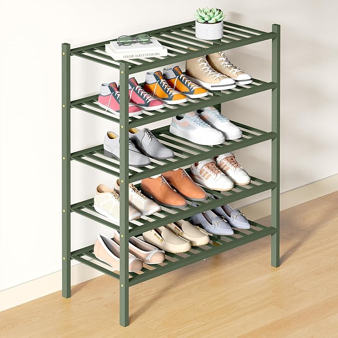 Smiry Bamboo Shoe Rack for Closet, 5 Tier Wooden Shoe Organizer, Stackable Wood Shoe Storage Shelf for Entryway, 14 Vertical Slats, 2+3 Stack Heavy-Duty Legs, 26.77"x11.02"x31.3", Green