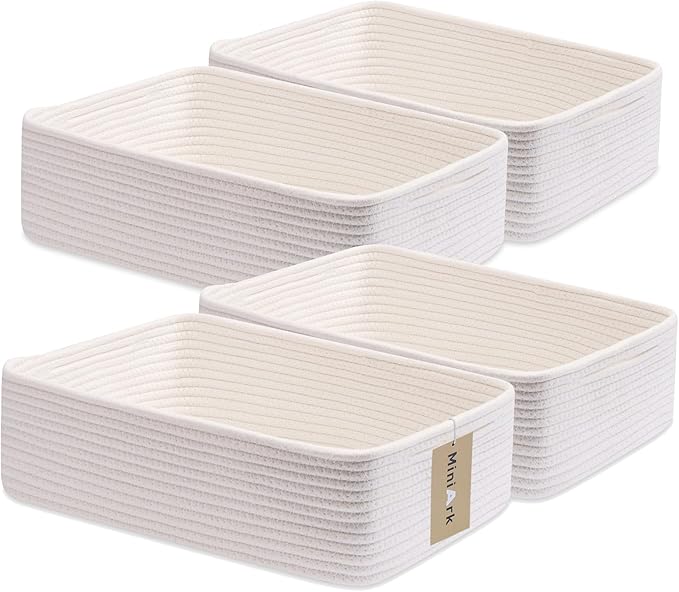 MiniArk Large Shallow Organizing Baskets 15x11x5.1 Inches - Rope Woven Storage Bins for Bathroom, Shelves, Cube Closet, Off White 4 Packs