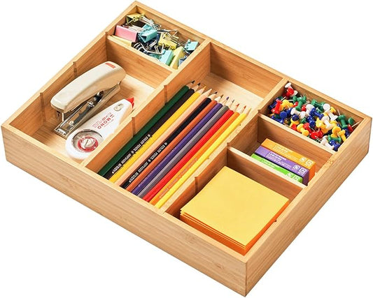 Bamboo Desk Drawer Organizer, Wood Junk Organizer Tray with Adjustable Dividers
