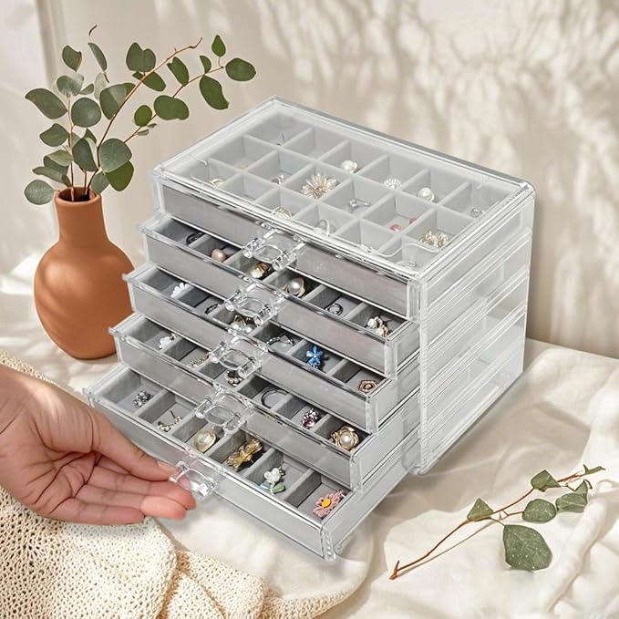 Acrylic Earring Holder Organizer with 5 Drawers Clear Earring Organizer Box with 90 Adjustable Grids Velvet Earring Display Case Jewelry Organizer for Earrings Rings Studs (Grey)