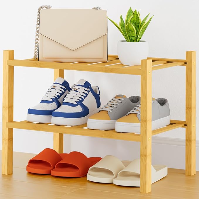Smiry Small Bamboo Shoe Rack, 2 Tier Free Standing Wooden Shoe Organizer, Stackable Wood Shoe Storage Shelf for Closet, Entryway, 14 Vertical Slats, One-piece Heavy-Duty Legs, 17.3"x11"x13", Natural