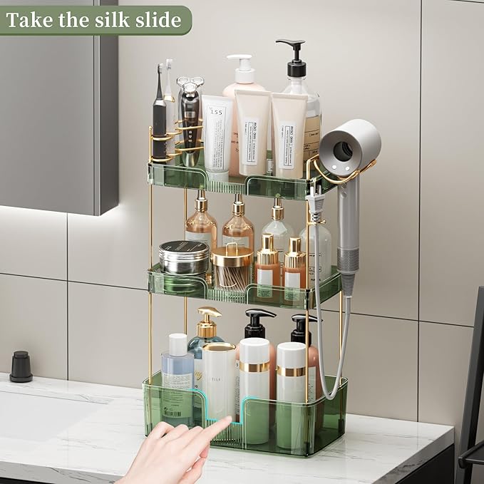 Bathroom Counter Organizer, Large Makeup Organizer Countertop, 3 Tiers Green