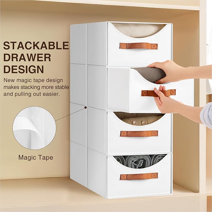 Homsorout Stackable Storage Drawers - Large Collapsible Storage Bins with Drawers, 8 Pack Closet Shelf Organizer Basket, Fabric Pull Out Organizer for Bedroom, Living Room, Dorm, White