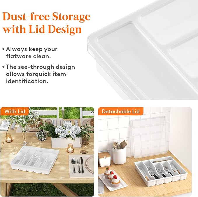 Lifewit Silverware Organizer with Lid, Covered Utensil Tray for Kitchen Drawer and Countertop, Plastic Cutlery and Flatware Storage Box for Spoons Forks Knives Holder Case, 12.6x11.8", White