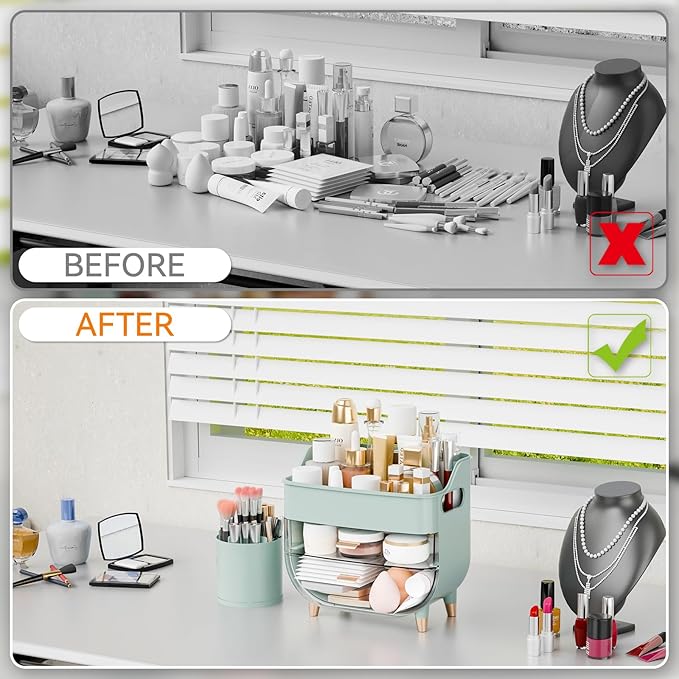Yieach Green Make up Organizers for Counter,Vanity and Dresser,Bathroom Makeup Organizer Countertop,Large Makeup Storage Organizer for Hair Tool,Beauty Products,Skin Care and Cosmetic Display Cases