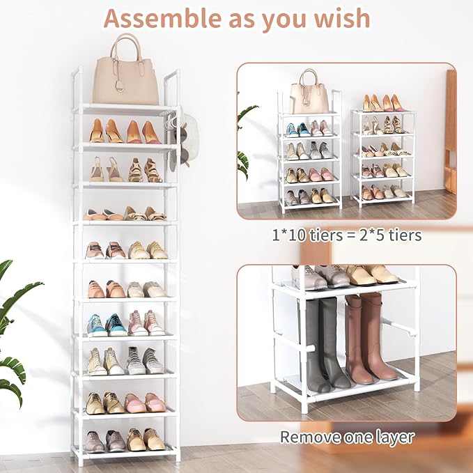 LANTEFUL 10 Tiers Tall Shoe Rack 20-25 Pairs Boots Organizer Storage Sturdy Narrow Shoe Shelf for Entryway, Closets with Hooks, White