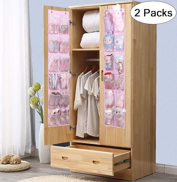 MISSLO Over The Door Shoe Organizer 12 Large Mesh Pockets Hanging Narrow Closet Door, Baby Hanging Shoe Rack Kids Closet Storage bags for Girl Women Men Toddler Nursery, Pink, 2 Pack