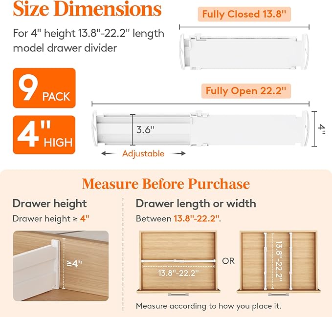 Lifewit 9 Pack Drawer Dividers for Clothes, 4" High 13.8"-22.2" Expandable Dresser Drawer Organizers, Adjustable White Plastic Separators for Kitchen, Cabinet, Nursery, Socks & Underwear Storage