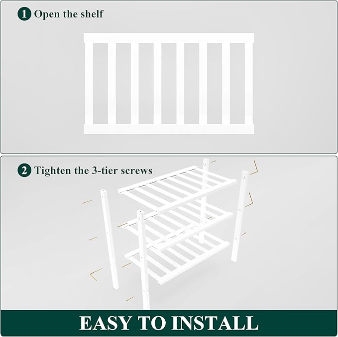 Smiry Bamboo Shoe Rack for Closet, 3 Tier Small Wooden Shoe Organizer, Stackable Wood Shoe Storage Shelf for Entryway, 14 Vertical Slats, One-piece Heavy-Duty Legs, 17.32"x11.02"x18.31", White