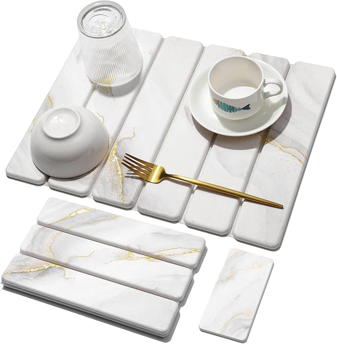 Small Stone Dish Drying Mat for Kitchen Counter, Gold White