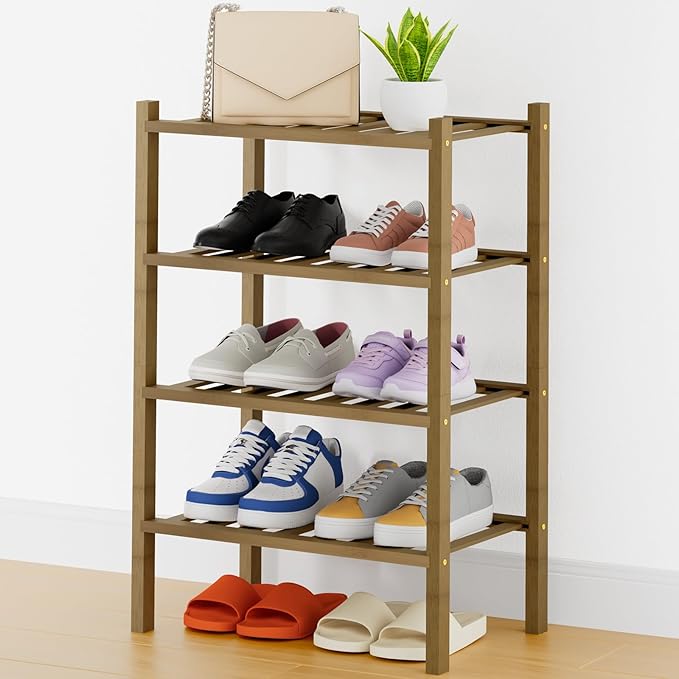 Small Bamboo Shoe Rack, 4 Tier Free Standing Wooden Shoe Organizer, Walnut