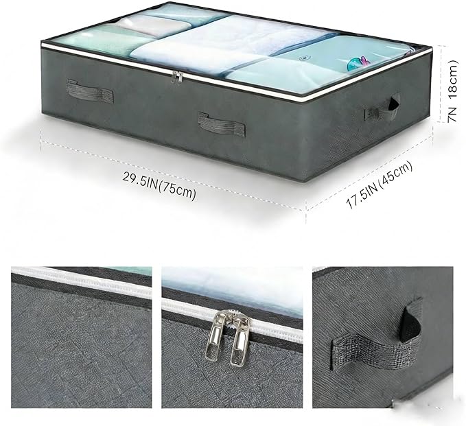4 Pack Under Bed Storage, Closet Organizers and Storage Containers with Clear Window Foldable Underbed Storage Bags for Clothes,Shoes, Blankets Pillows, Linen Sheets, Dark Grey