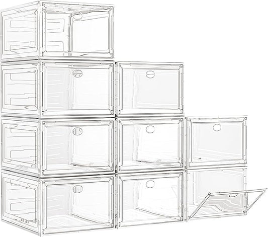 7 code Large Clear Shoe Boxes Organizer【Thicker Material】 Stronger Shoe Box with Magnetic Door, Stackable Shoe Storage Box for Closet, Foldable Space-Saving Storage Bins Shoe Cabinet, White 9 Pack