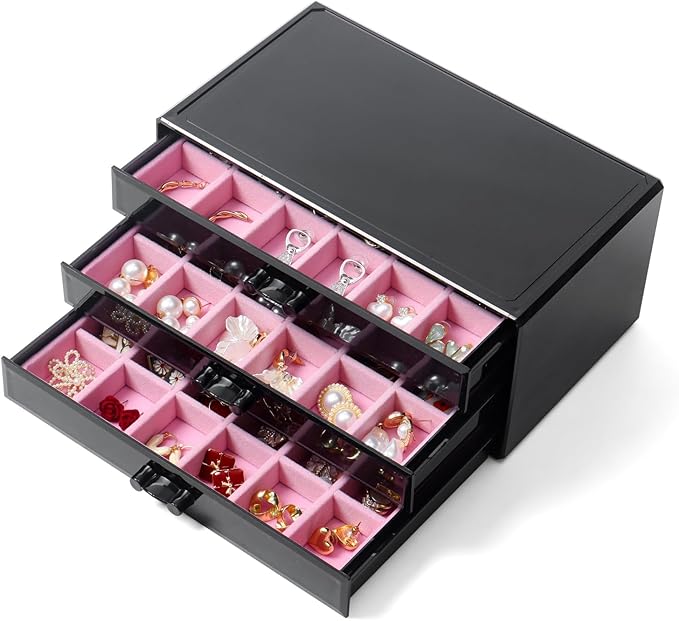 YUFONG Earring Organizer Box Acrylic Jewelry Organizer with 3 Drawers 54 Adjustable Grids Clear Stackable Earring Holder Velvet Trays Ring Display Case for Women Girls (Black Pink)