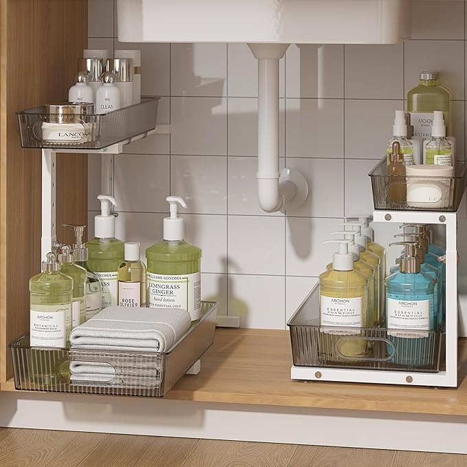 Under Sink Organizer 2 Packs, Pull Out Kitchen Sink Organizer, Grey & White